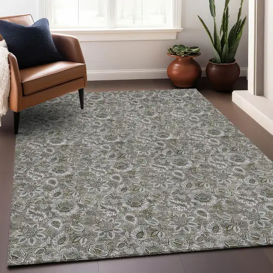 Taupe And Beige Floral Washable Area Rug With UV Protection Photo 5