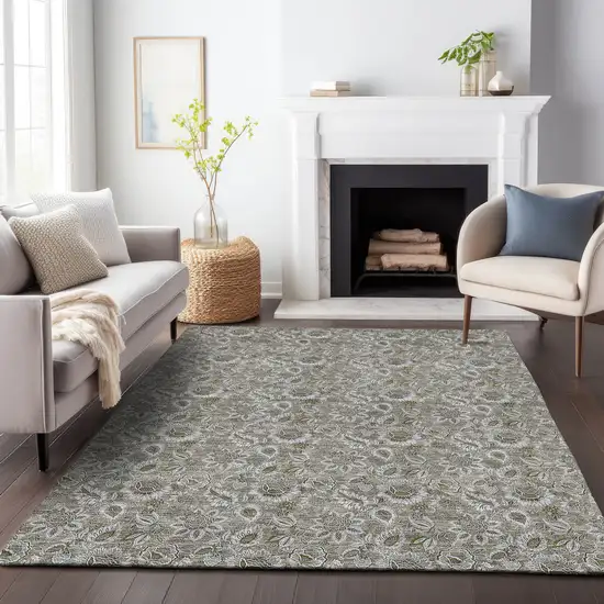 Taupe And Beige Floral Washable Area Rug With UV Protection Photo 4