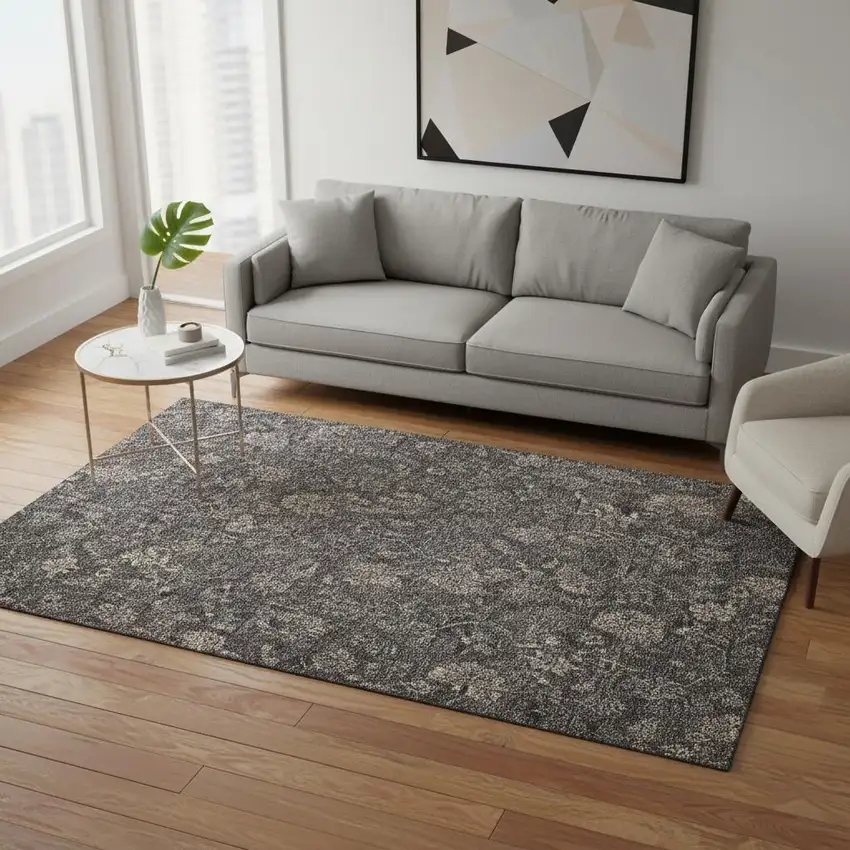 Taupe And Beige Floral Washable Area Rug With UV Protection Photo 3