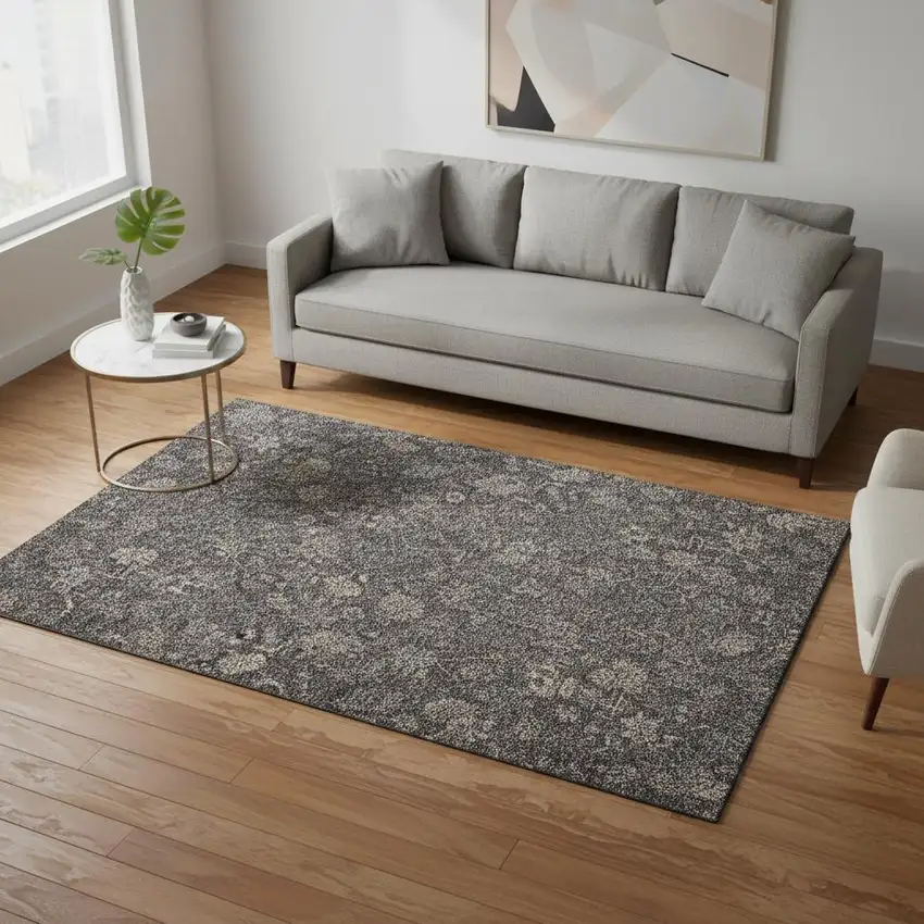 Taupe And Beige Floral Washable Area Rug With UV Protection Photo 1