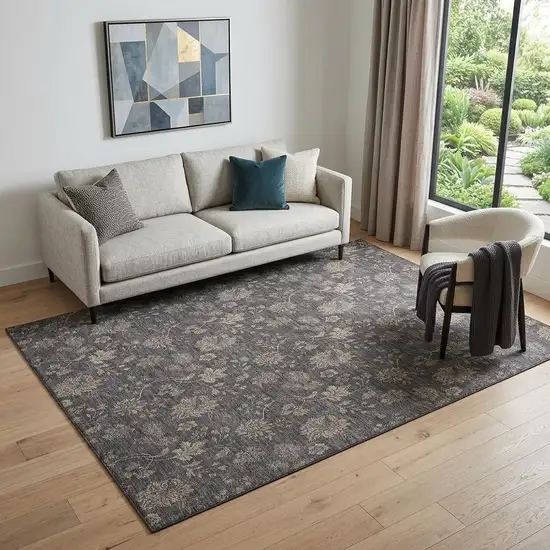 Taupe And Beige Floral Washable Area Rug With UV Protection Photo 1