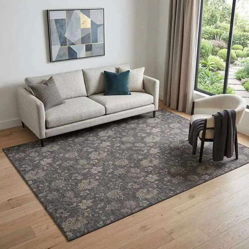 Taupe And Beige Floral Washable Area Rug With UV Protection Photo 1