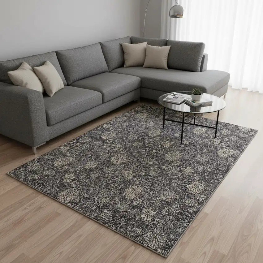 Taupe And Beige Floral Washable Area Rug With UV Protection Photo 3