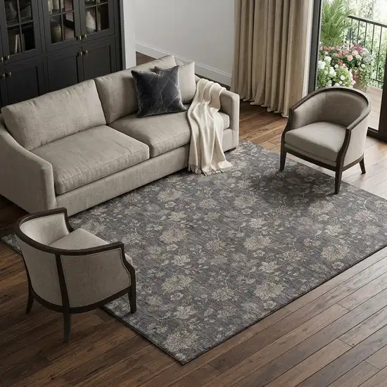 Taupe And Beige Floral Washable Area Rug With UV Protection Photo 1
