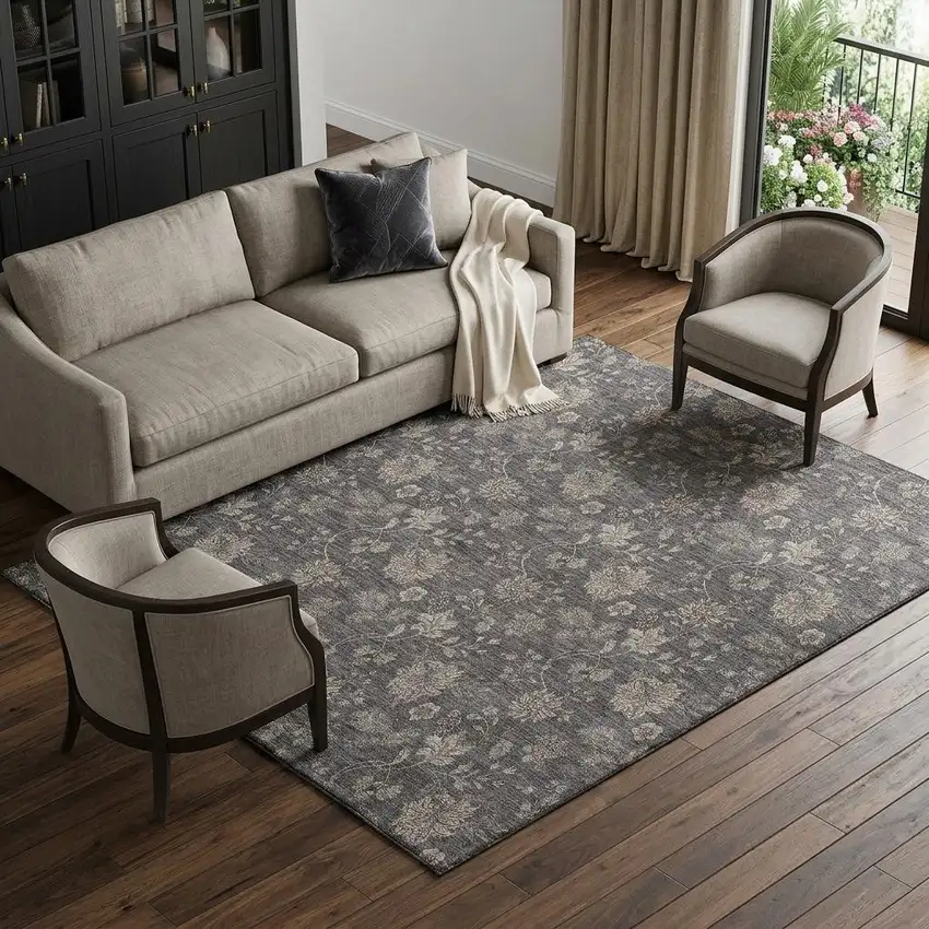 Taupe And Beige Floral Washable Area Rug With UV Protection Photo 1