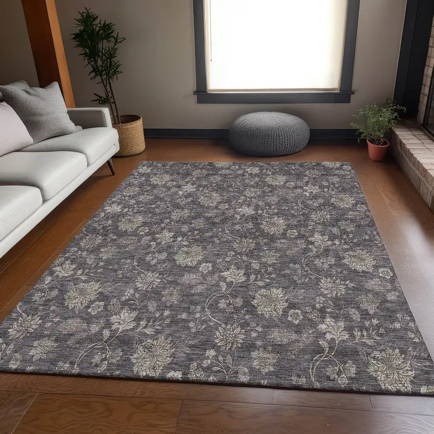 Taupe And Beige Floral Washable Area Rug With UV Protection Photo 6
