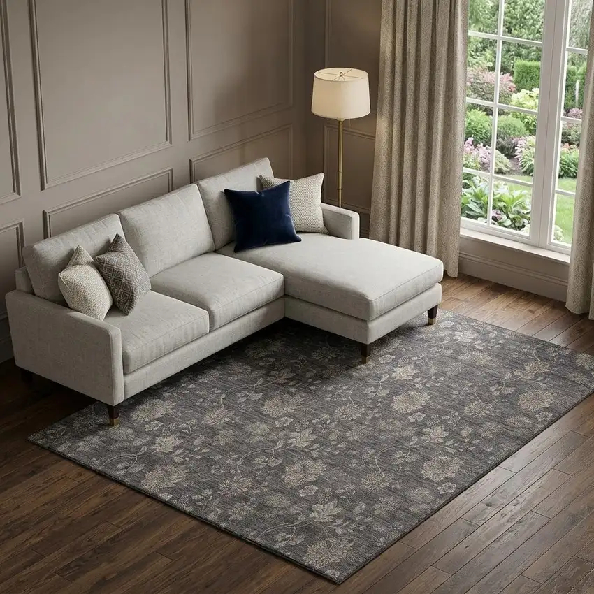 Taupe And Beige Floral Washable Area Rug With UV Protection Photo 1