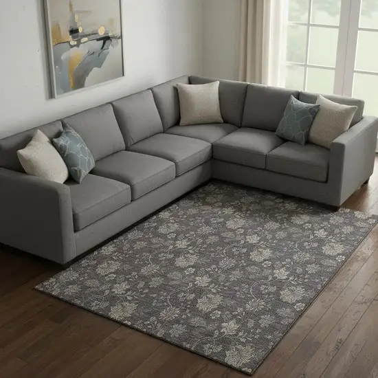 Taupe And Beige Floral Washable Area Rug With UV Protection Photo 1