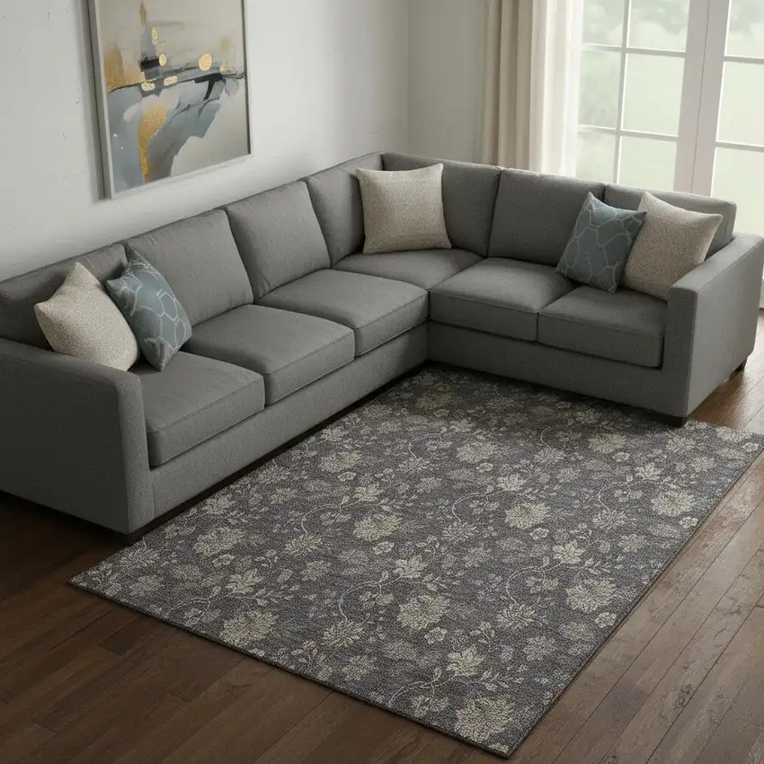 Taupe And Beige Floral Washable Area Rug With UV Protection Photo 1