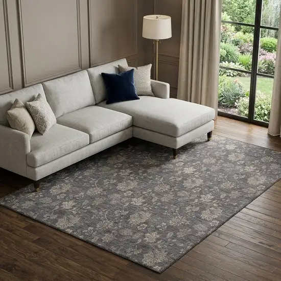 Taupe And Beige Floral Washable Area Rug With UV Protection Photo 1