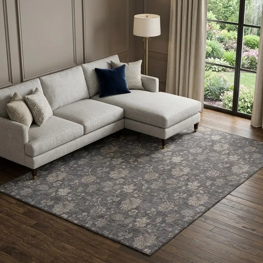 Taupe And Beige Floral Washable Area Rug With UV Protection Photo 1