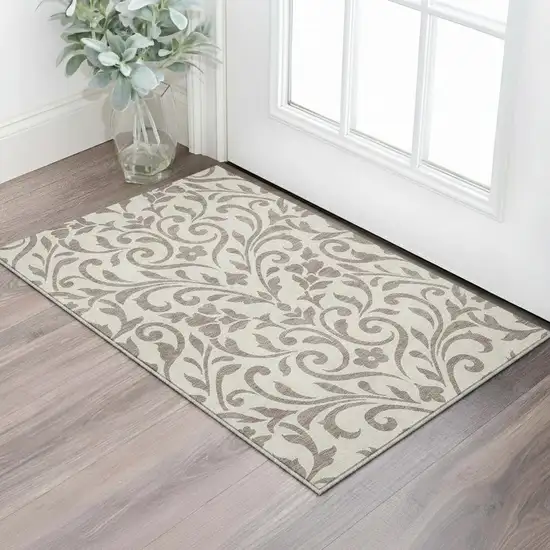 Taupe And Beige Floral Washable Area Rug With UV Protection Photo 2