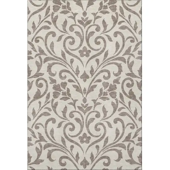 Taupe And Beige Floral Washable Area Rug With UV Protection Photo 4