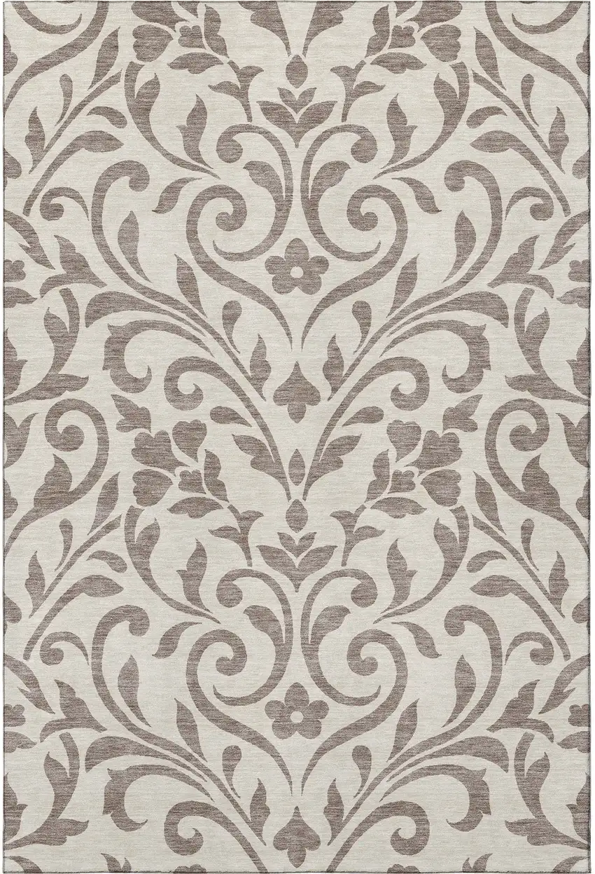 Taupe And Beige Floral Washable Area Rug With UV Protection Photo 4