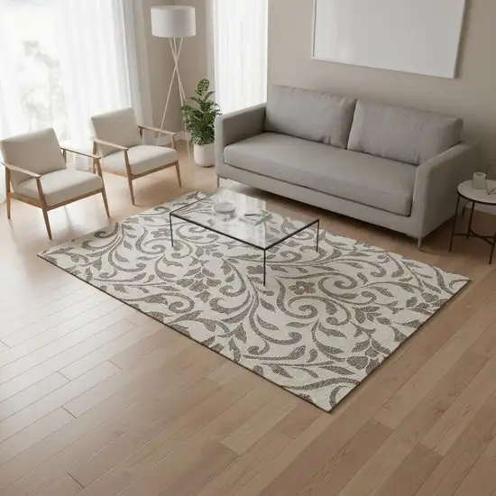 Taupe And Beige Floral Washable Area Rug With UV Protection Photo 2