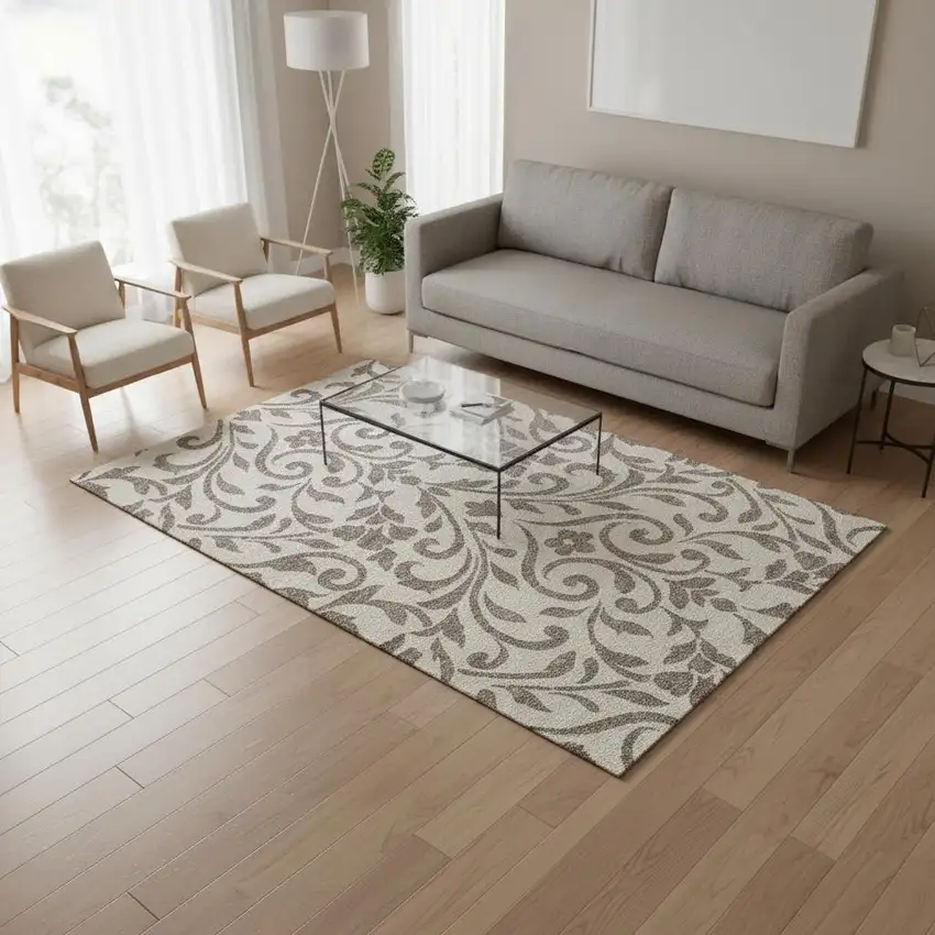 Taupe And Beige Floral Washable Area Rug With UV Protection Photo 2