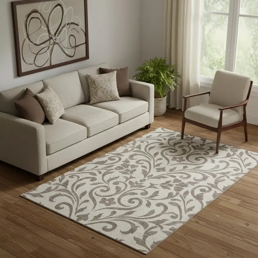 Taupe And Beige Floral Washable Area Rug With UV Protection Photo 1