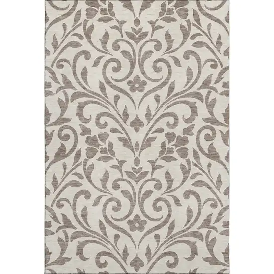 Taupe And Beige Floral Washable Area Rug With UV Protection Photo 1