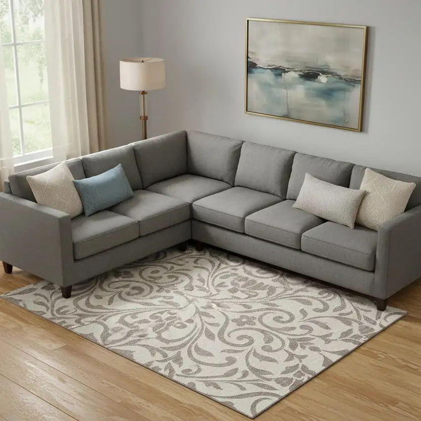 Taupe And Beige Floral Washable Area Rug With UV Protection Photo 1