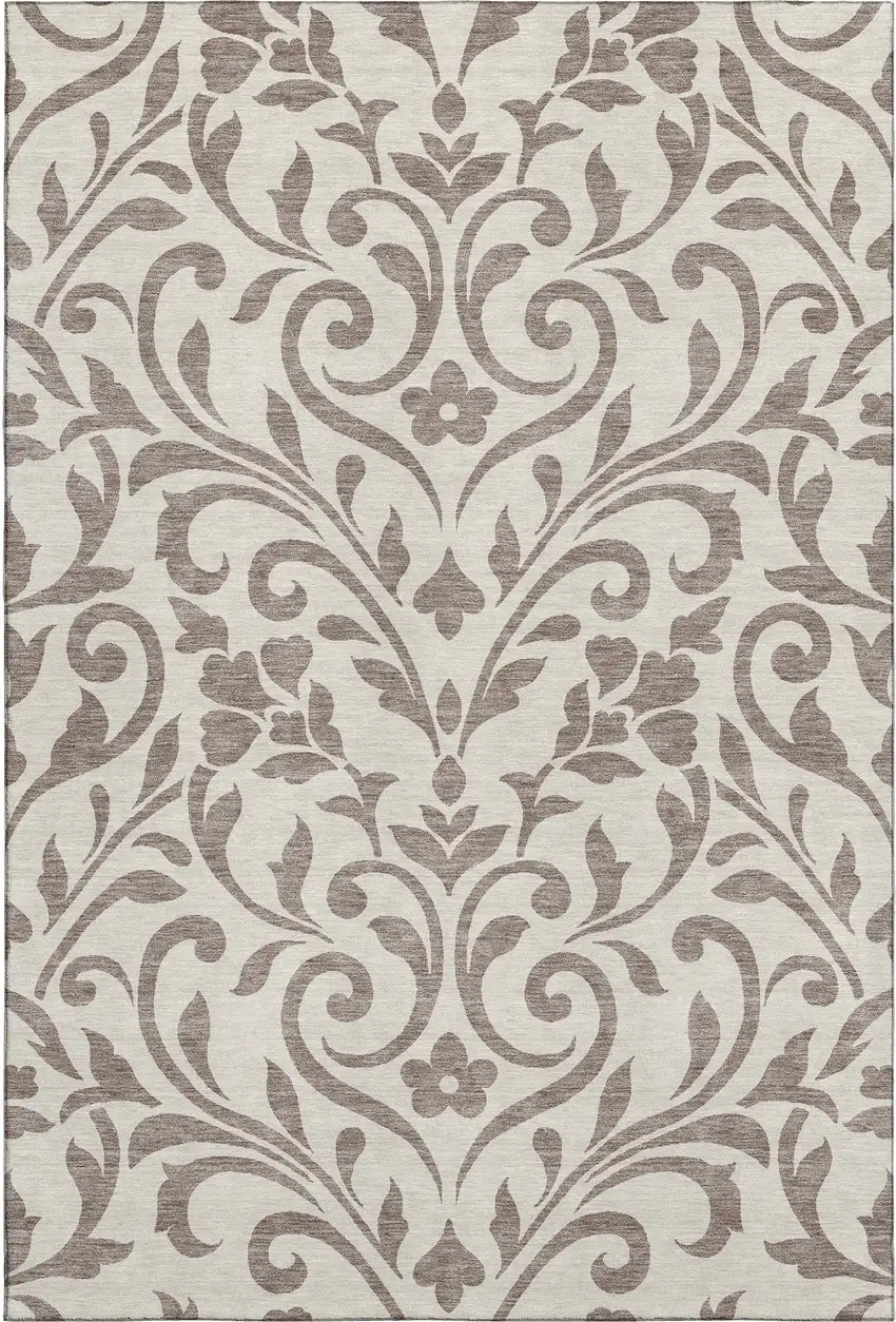 Taupe And Beige Floral Washable Area Rug With UV Protection Photo 1