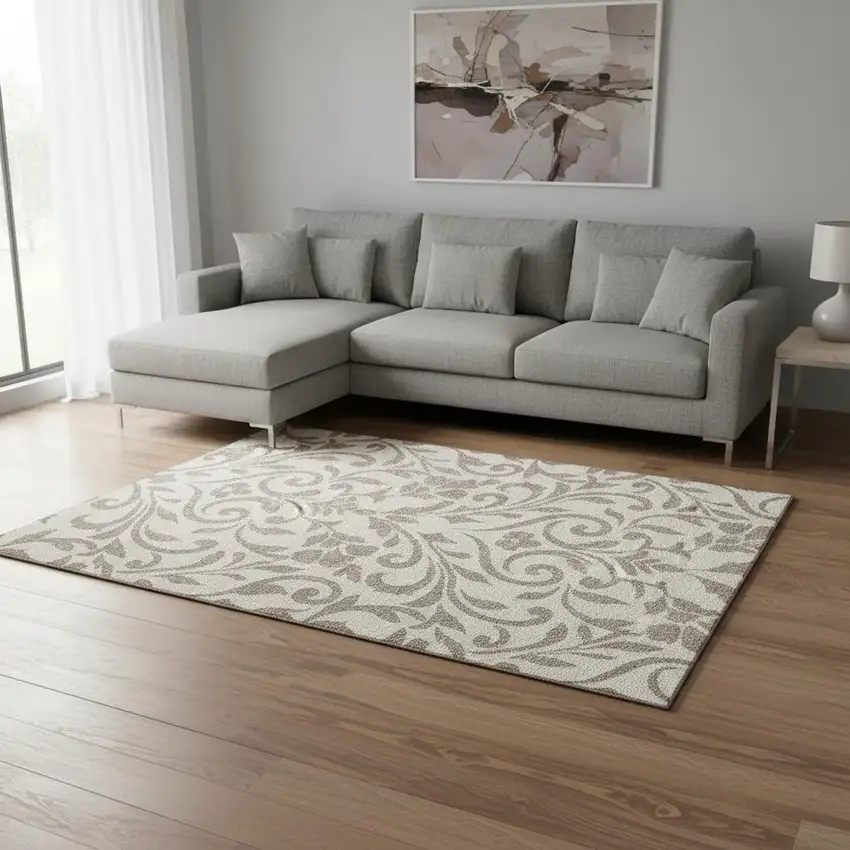 Taupe And Beige Floral Washable Area Rug With UV Protection Photo 2
