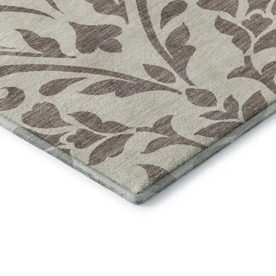 Taupe And Beige Floral Washable Area Rug With UV Protection Photo 8