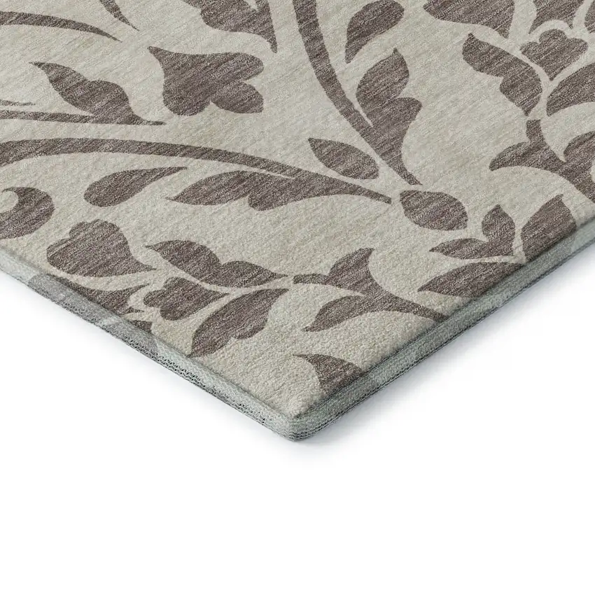 Taupe And Beige Floral Washable Area Rug With UV Protection Photo 8