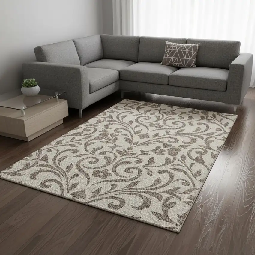 Taupe And Beige Floral Washable Area Rug With UV Protection Photo 2