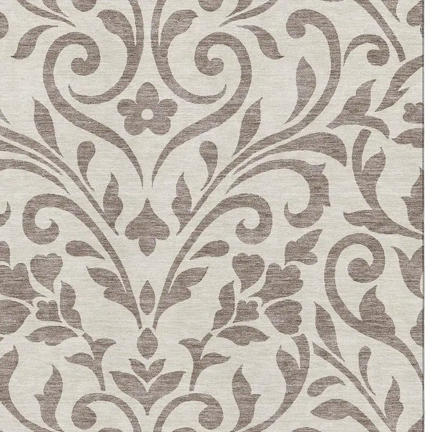 Taupe And Beige Floral Washable Area Rug With UV Protection Photo 3