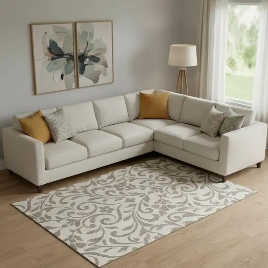 Taupe And Beige Floral Washable Area Rug With UV Protection Photo 1