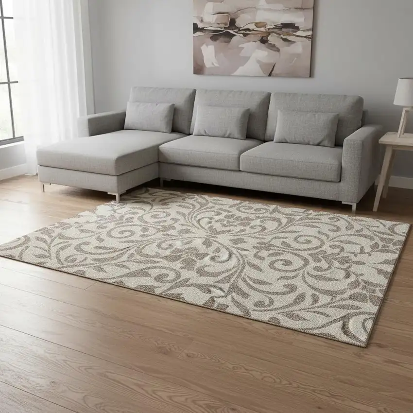 Taupe And Beige Floral Washable Area Rug With UV Protection Photo 2