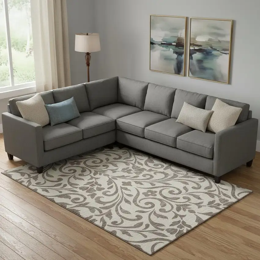 Taupe And Beige Floral Washable Area Rug With UV Protection Photo 1