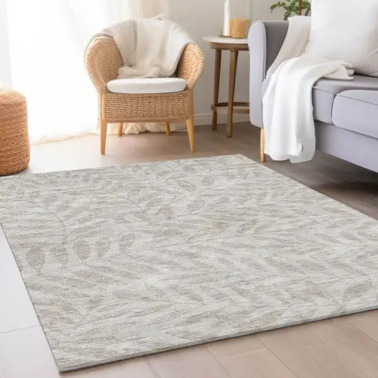 Taupe And Beige Floral Washable Area Rug With UV Protection Photo 5