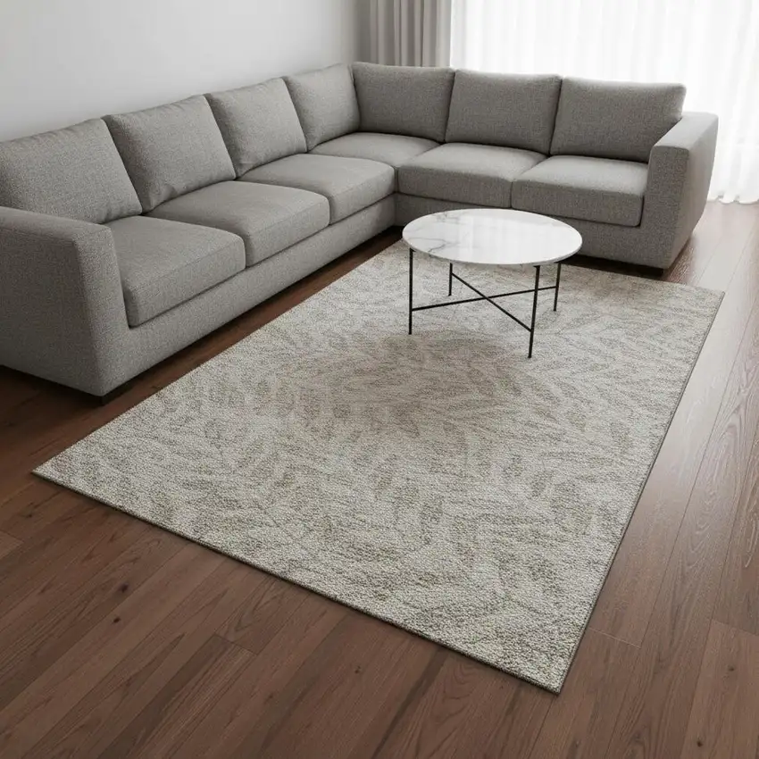 Taupe And Beige Floral Washable Area Rug With UV Protection Photo 2