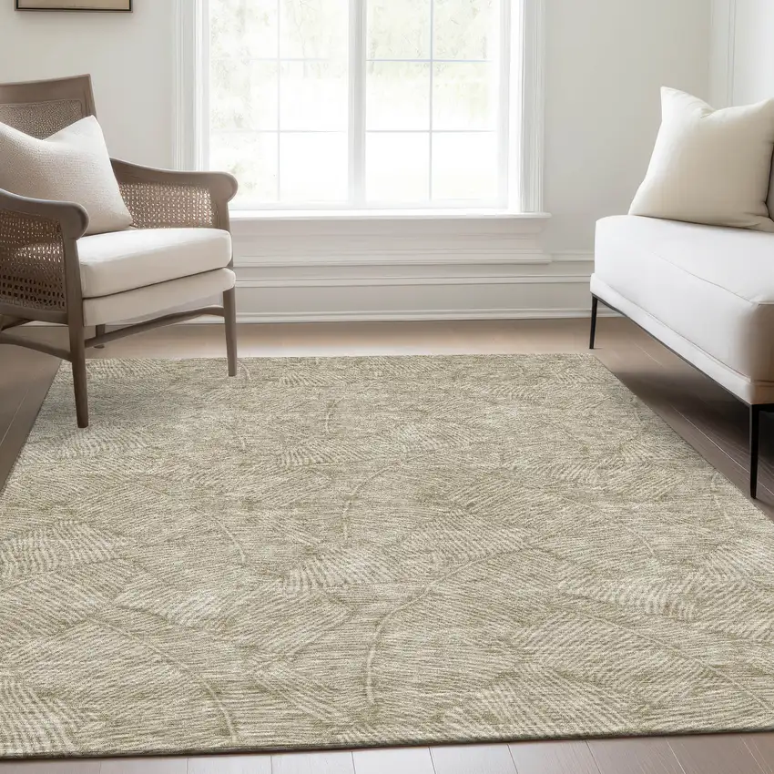 Taupe And Beige Floral Washable Area Rug With UV Protection Photo 6