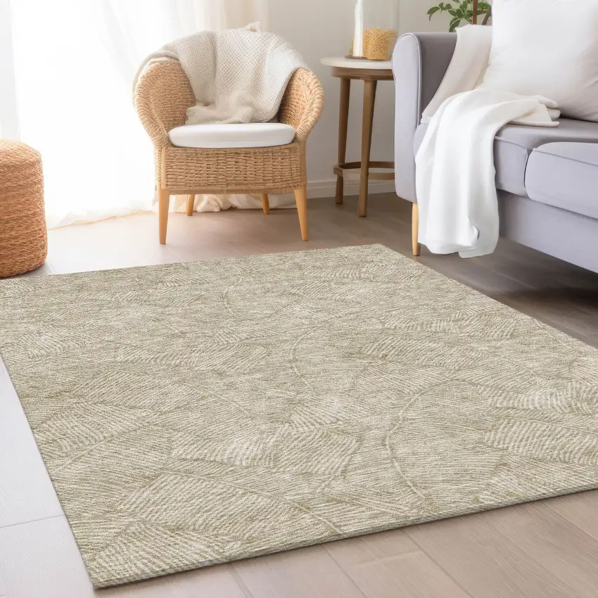 Taupe And Beige Floral Washable Area Rug With UV Protection Photo 5