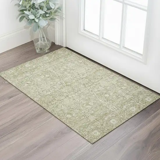 Taupe And Beige Floral Washable Area Rug With UV Protection Photo 2