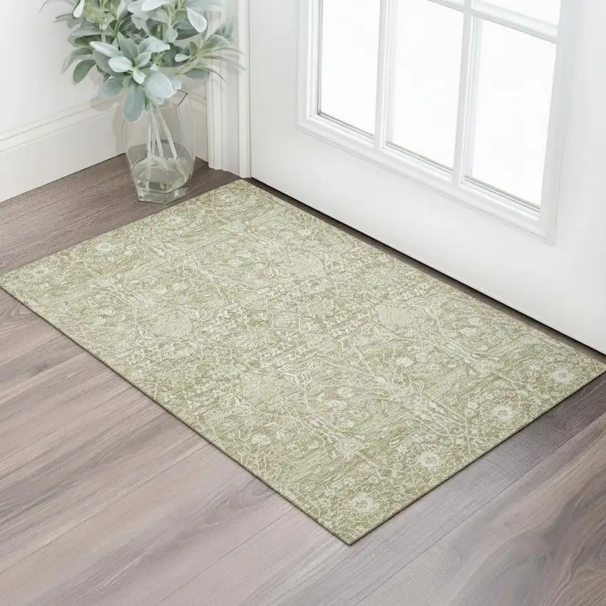 Taupe And Beige Floral Washable Area Rug With UV Protection Photo 2