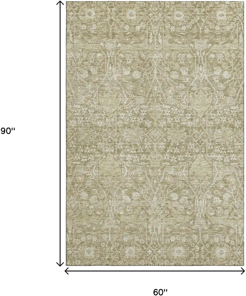 Taupe And Beige Floral Washable Area Rug With UV Protection Photo 6