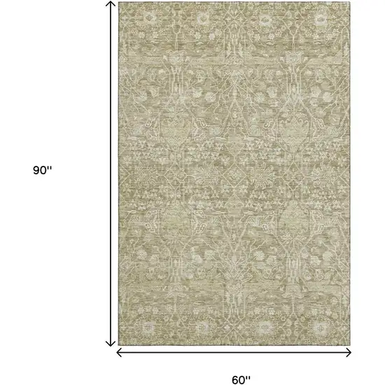Taupe And Beige Floral Washable Area Rug With UV Protection Photo 6