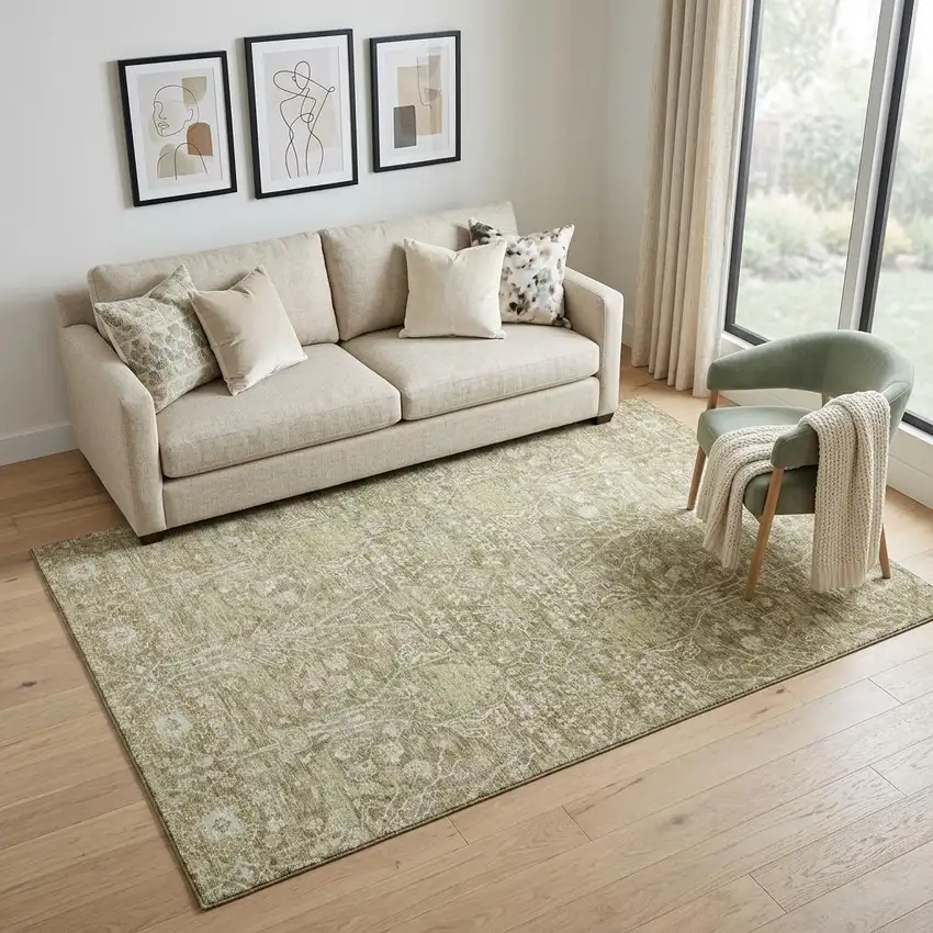 Taupe And Beige Floral Washable Area Rug With UV Protection Photo 1