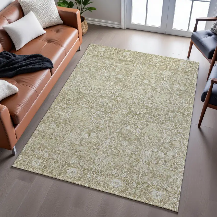 Taupe And Beige Floral Washable Area Rug With UV Protection Photo 5