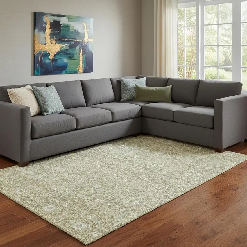 Taupe And Beige Floral Washable Area Rug With UV Protection Photo 2