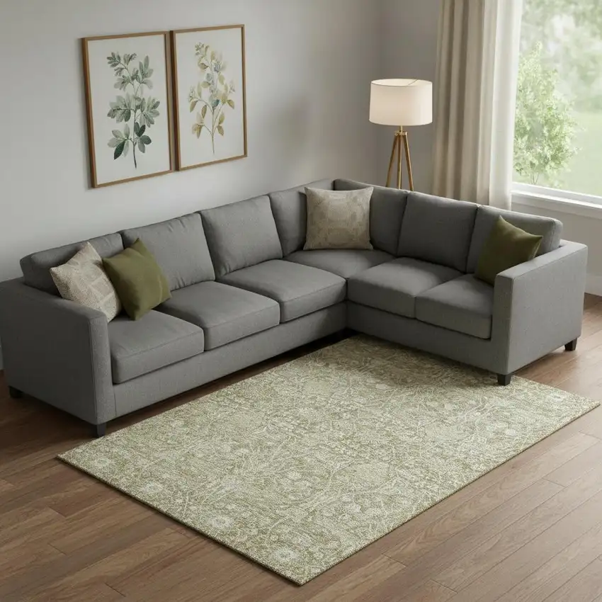 Taupe And Beige Floral Washable Area Rug With UV Protection Photo 2