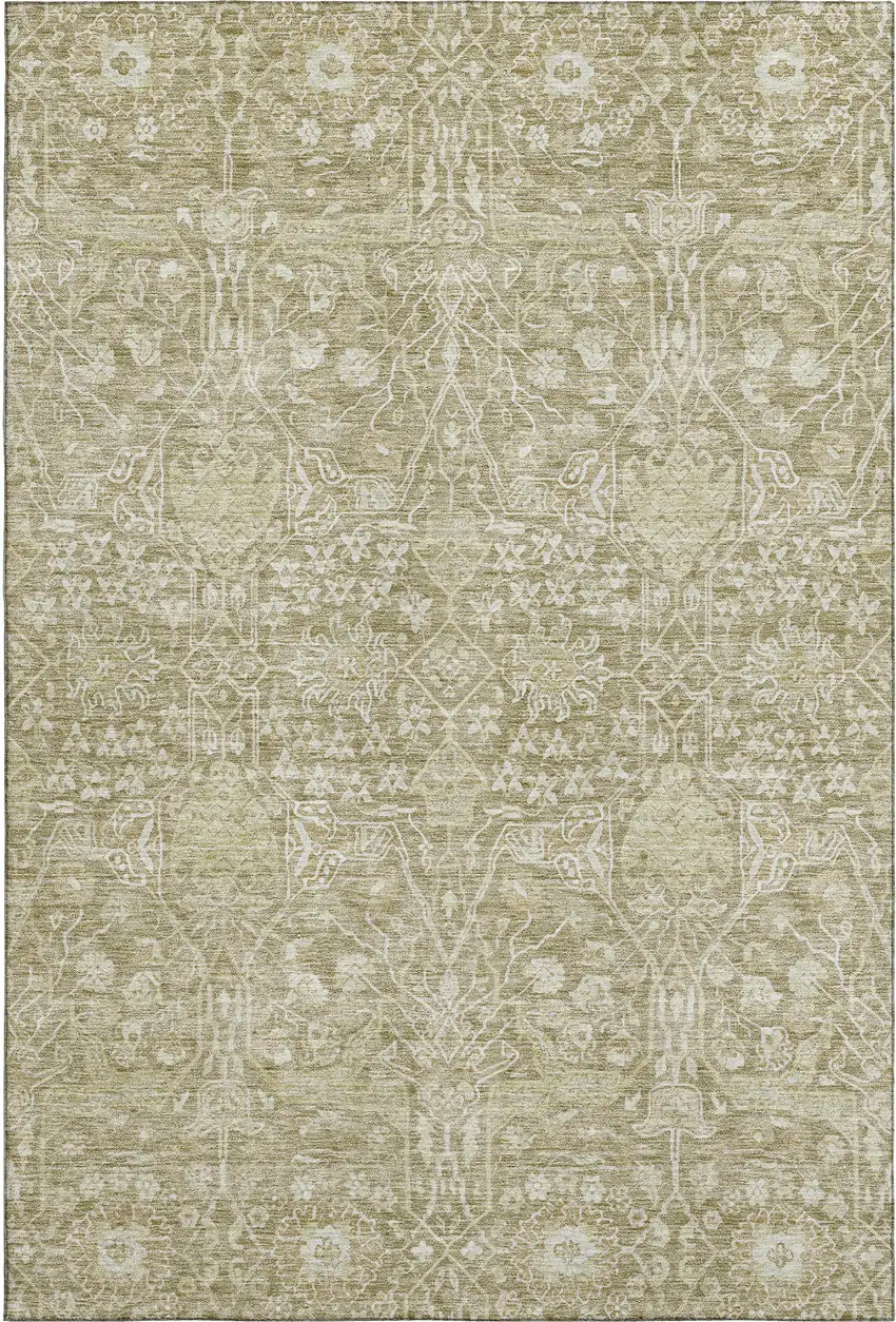 Taupe And Beige Floral Washable Area Rug With UV Protection Photo 1