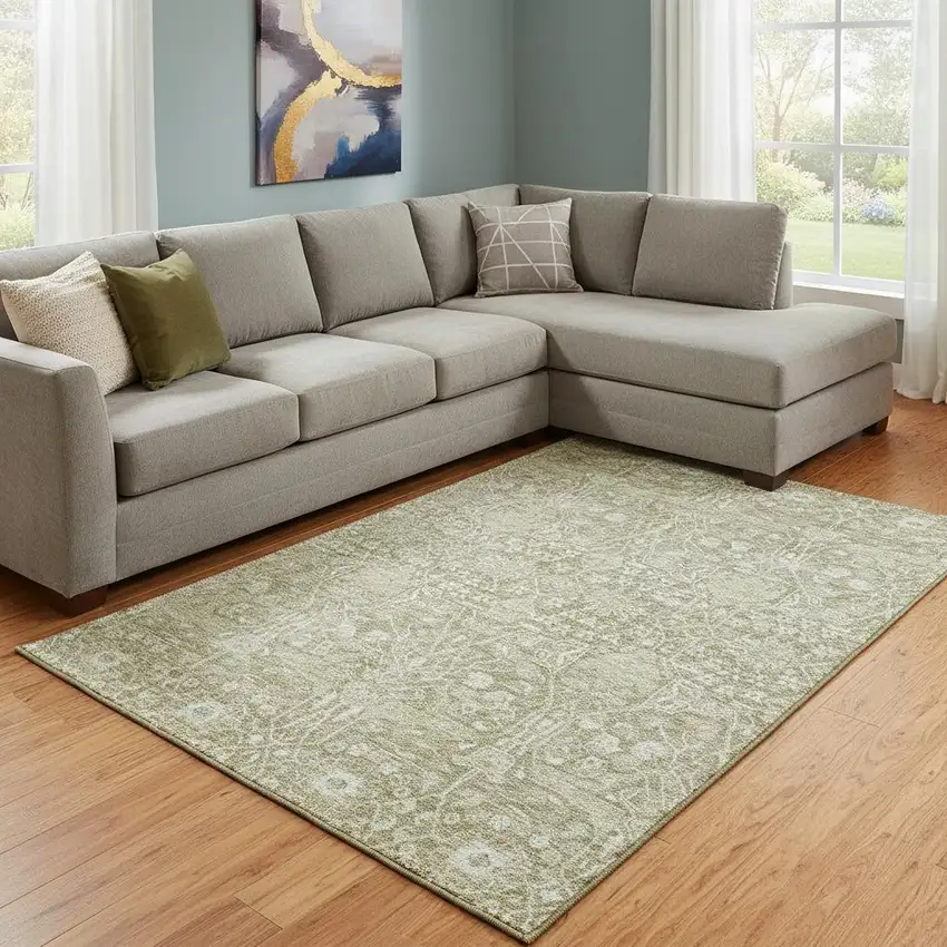 Taupe And Beige Floral Washable Area Rug With UV Protection Photo 2