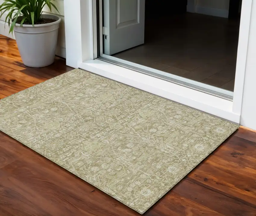 Taupe And Beige Floral Washable Indoor Outdoor Area Rug Photo 1