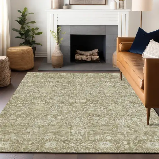 Taupe And Beige Floral Washable Indoor Outdoor Area Rug Photo 8
