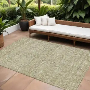 Photo of Taupe And Beige Floral Washable Indoor Outdoor Area Rug