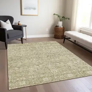 Photo of Taupe And Beige Floral Washable Indoor Outdoor Area Rug